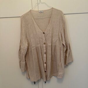 EUC 100% Linen Light Tan Button-Down Women's Shirt Blouse